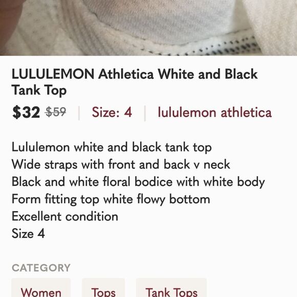 LULULEMON WHITE AND BLACK TANK SZ 4 - Picture 7 of 7